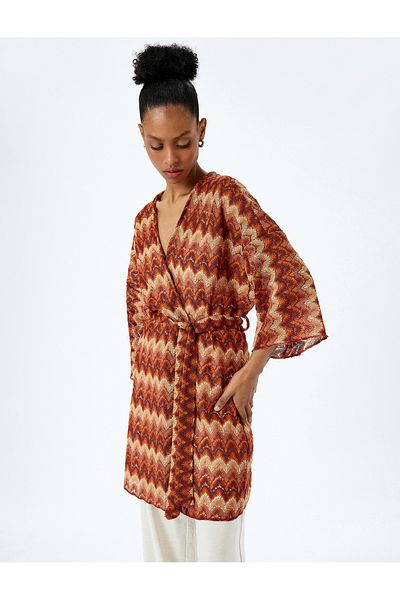 Koton Long wide sleeve belted patterned long kimono.