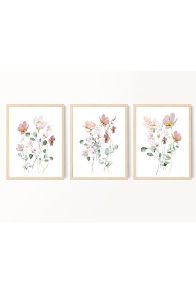 FORONEUS Dekoratif Kır Çiçeği Buketi  3'lü mdf Tablo Seti