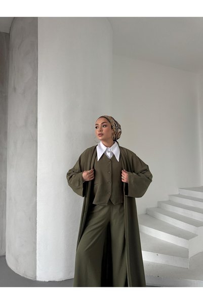 JaMolls tesettür uzun kuşaklı kimono tasarım ceket yelek palazzo pantolon rah...