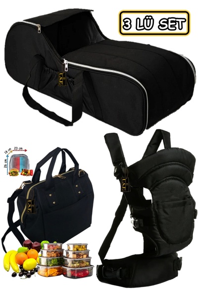 USF Ana Kucağı Portbebe Çift Yönlü Bebek Taşıma Kangurusu Beslenme Termal Çanta 3 Lü Set-siyah