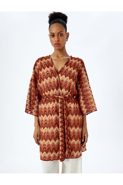 Koton Long wide sleeve belted patterned long kimono.