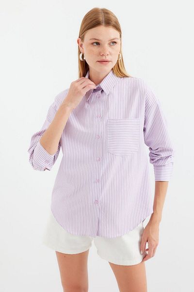MODAVERA 20212 Single Pocket Striped Oversize Shirt - Pink