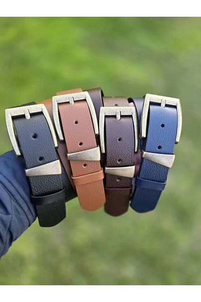 Kemerix 100% Genuine Leather Antique Coated Buckle 3.2 cm Black-Tan-Navy Blue-Acute Brown 4-Piece Belt Set