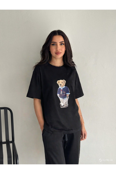 Esra Butik Hane تي شيرت نسائي منقوش باللون الأسود تيدي بير - تي شيرت كبير الح...