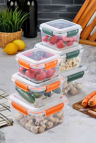 Pazarika 6 lı Sızdırmaz Kilitli Vakum Kapaklı Gıda Erzak Kare Saklama Kabı Se...
