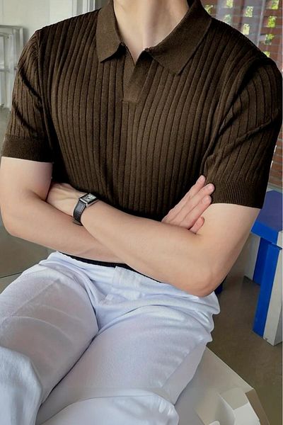 Oksit Lorens Striped Lycra Slim Fit Polo Neck Knitted Men's Knitwear Tshirt