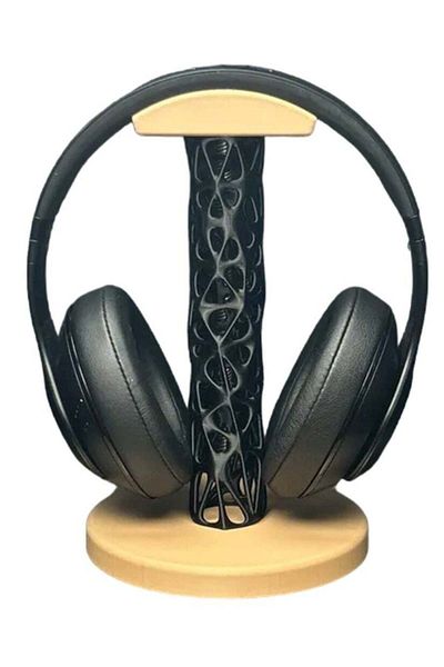 3D Brothers Headphone Stand with a Modern Geometric Design - Sturdy Circular Base and Black Engraved Support