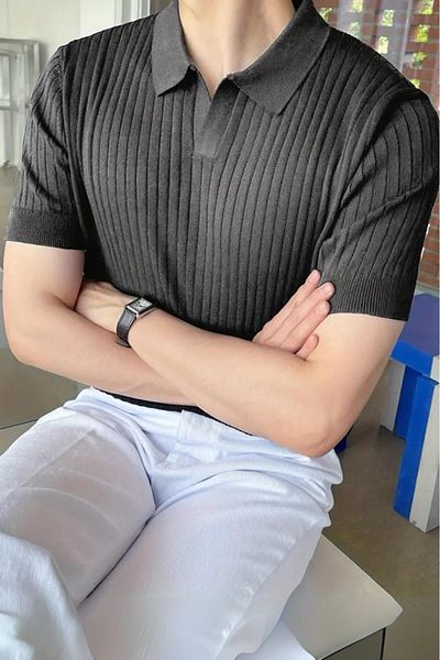 Oksit Ανδρικό πλεκτό μπλουζάκι Lorens ριγέ Lycra Slim Fit Polo γιακά