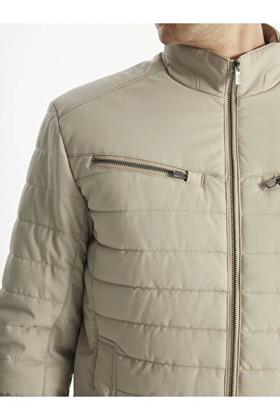 LC Waikiki Ανδρικό δερμάτινο παλτό LCW Vision Beige Slim Fit Stand Collar