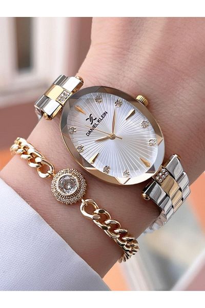 Daniel Klein Water Resistant 3Atm with Crystal Cutout Glass Steel Band with Women's Wristwatch and Bracelet