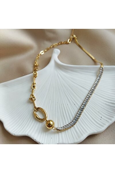 KIZÇE TAKI AKSESUAR Suyolu Taş Detaylı Ataç Zincir Gold Renk Çelik Kadın Kolye