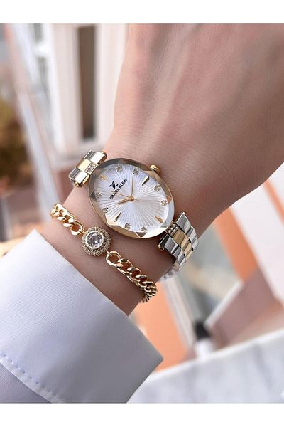 Daniel Klein Water Resistant 3Atm with Crystal Cutout Glass Steel Band with Women's Wristwatch and Bracelet