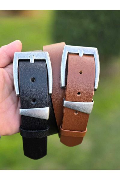 Kemerix 100% Genuine Leather Tin Finish Buckle 3.2 cm Black-Tan 2-Piece Belt Set