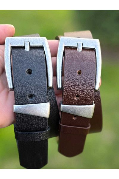 Kemerix 100% Genuine Leather Tin Finish Buckle 3.2 cm Black-Bitter Brown 2-Piece Belt Set