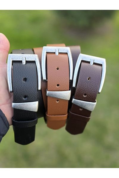 Kemerix 3.2 cm Black-Tan-Bitter Brown 3-Piece Buckle 100% Genuine Leather Belt Set