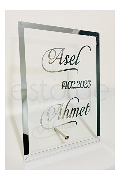 estölye Pleksi Dik Model Söz Nişan Masa Üstü Isimlik Gümüş