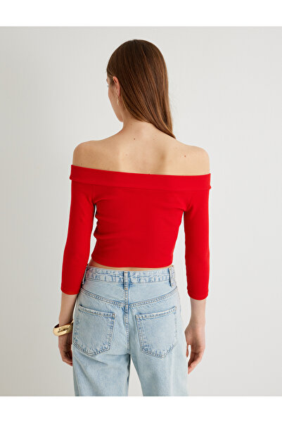 Koton Open Shoulder Crop T-Shirt Elbow Length Sleeve Cotton Slim Fit