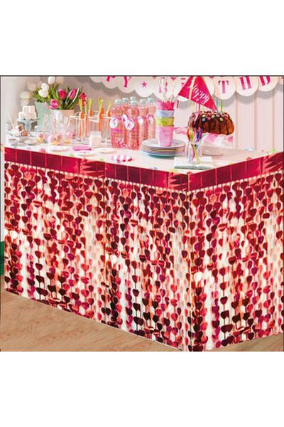 ReilaCos Tasseled Sparkling Metalized Red Heart Table Skirt 75x360 cm
