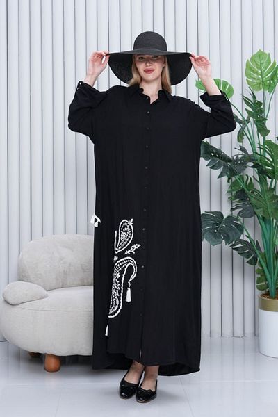Eceyaman moda Women's Paisley Pattern Embroidered Shirt Collar Long Sleeve Hijab Dress