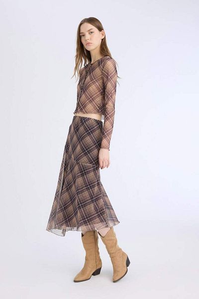 DeFacto New Season Asymmetrical Checked Normal Waist Tulle Midi Skirt