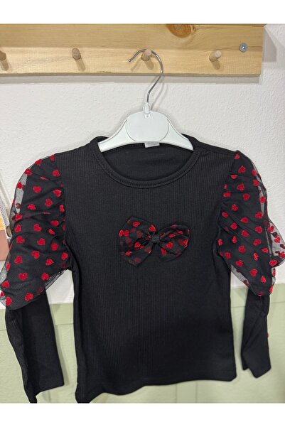Store Kolları Kalp Detay Penye Uzun Kol Tişört
