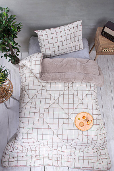 dt dejavu.teks Tek Kişilik Welsoft Yorgan +Yastık Kılıfı Seti | Bej Kareli Çi...