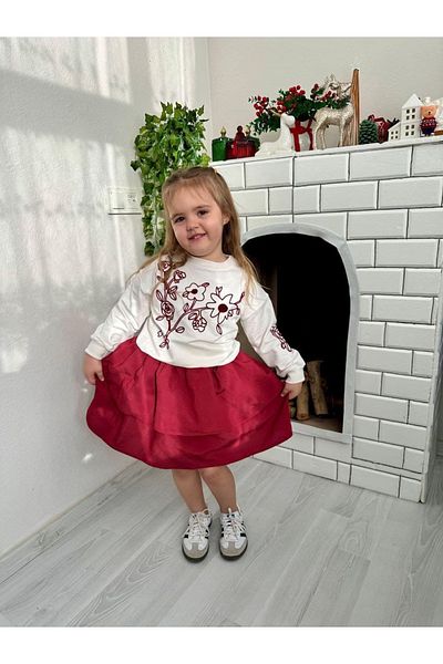 Prime Butik Red Bordo Flower Embroidered Girl's Skirt Suit