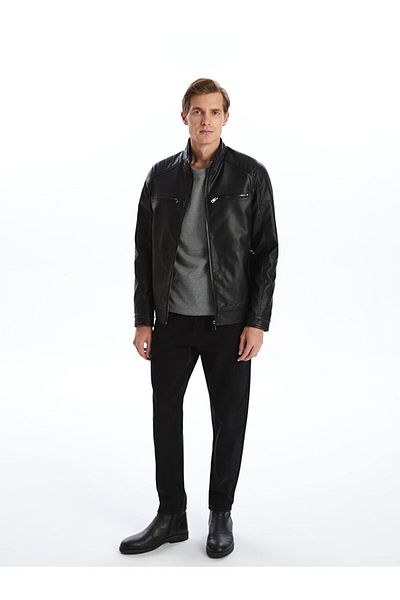 LC Waikiki Ανδρικό δερμάτινο παλτό LCWAIKIKI Classic Standard Fit Stand γιακά