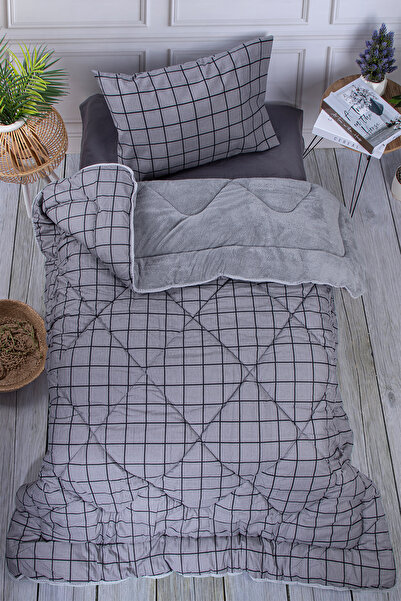 dt dejavu.teks طقم لحاف ويلسوفت فردي + كيس وسادة |   طقم لحاف مربعات رمادية على الوجهين