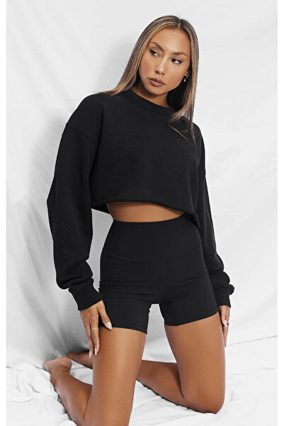 BONNYWILLL Siyah Crop Sweatshirt 2 Iplik Bisiklet Yaka