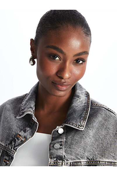 LC Waikiki Oversize Women's Jean Jacket - Shirt Collar, Solid, Long Sleeve