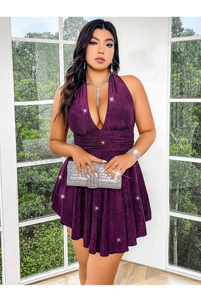 Genel Markalar Sim İşlemeli Mor Büyük Beden Gece Elbisesi