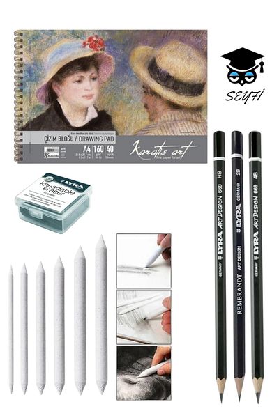 SEYFİKİRTASİYE Black Pencil Drawing Set 160 Gr A4 Old Notebook 3 Pieces Pencils 1 Piece Wipes 6 Pieces Pastel Dispenser