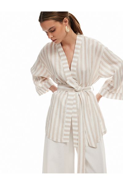 Koton Double Breasted Viscose Linen Kimono Jacket with Belt Detail