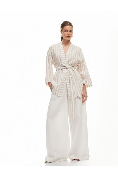 Koton Double Breasted Viscose Linen Kimono Jacket with Belt Detail