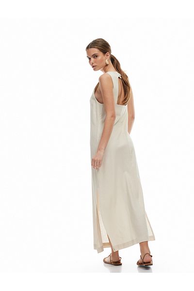 Koton Slit Round Neck Sleeveless Long Linen Dress with Back Window Detail