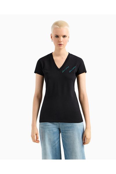 Armani Exchange تي شيرت نسائي بأكمام قصيرة، قماش منسوج أسود برقبة على شكل حرف V XW 000600   AF10355-UC001