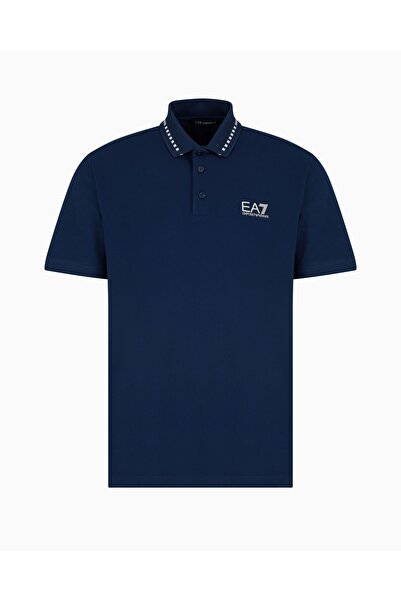 EA7 Men's Regular Fit Blue Polo Ea7 Logo Collar Patterned