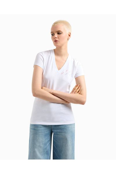 Armani Exchange Women's Short Sleeve V-Neck Woven Fabric White T-Shirt Xw 000600   Af10355-U0002