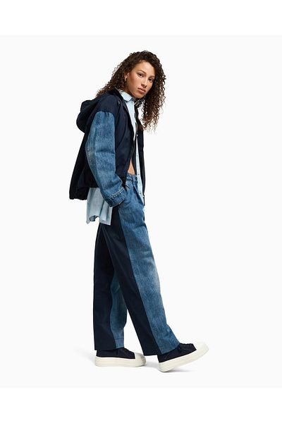 Armani Exchange Women's Regular Fit Hooded Denim and Woven Blend Long Sleeve Navy Jacket Xw 000557   Af12845-Mb1