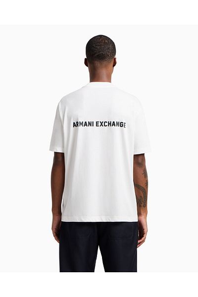 Armani Exchange Tricou alb cu mânecă scurtă, 100% bumbac, cu decolteu rotund, cu logo pe față și pe spate, pentru bărbați XM 000588