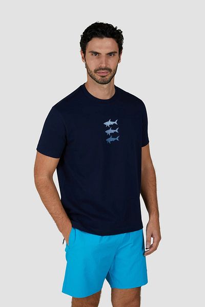 PAUL&SHARK Men's Short Sleeve Crew Neck Three Fish Pattern Navy Blue T-Shirt 25411005 -013