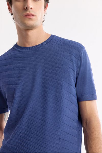 Avva Men's Indigo Crew Neck Front Jacquard Detailed Rayon Knitwear T-Shirt A51Y5004