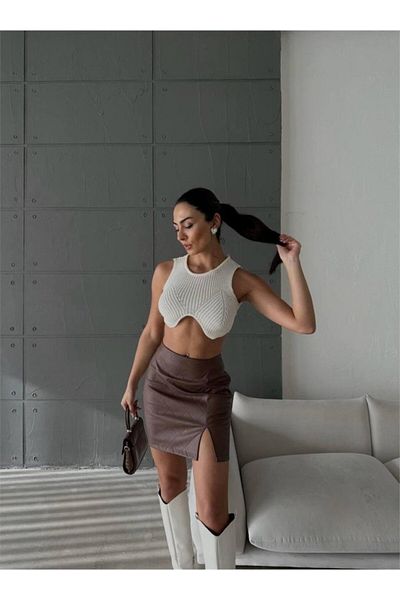 modaserdem    Quilted Leather Skirt with Slit - Brown