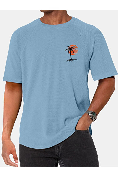 PENTHİLUS Men's Simple Hawaiian Coconut Sunset Print Waffle Raglan Short Sleeve T-shirt