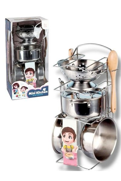 SAZE Atf-683E 8 Piece Steel Pot Pan Set with Shelf Educational Activity Toy