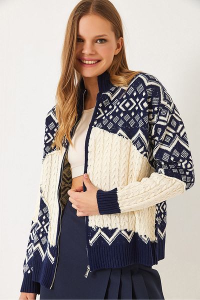 Bianco Lucci Women's Jacquard Zippered Knitwear Cardigan 20246327