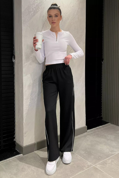 GÜLSELİ Black Elastic Waist Side Stripe Wide Leg Women's Trousers