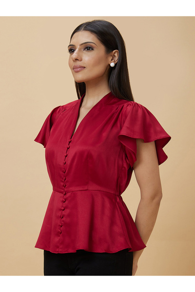Globus By Styli Satin Frill Sleeve V-Neck Top with Buttons