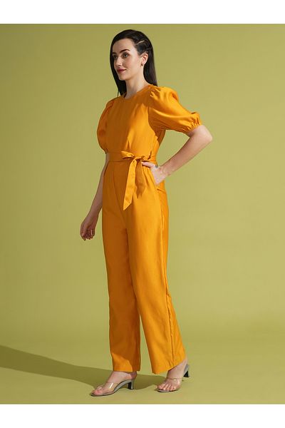 Globus By Styli Solid Round Neck Puff Sleeve Waist Tie-Up Jumpsuit